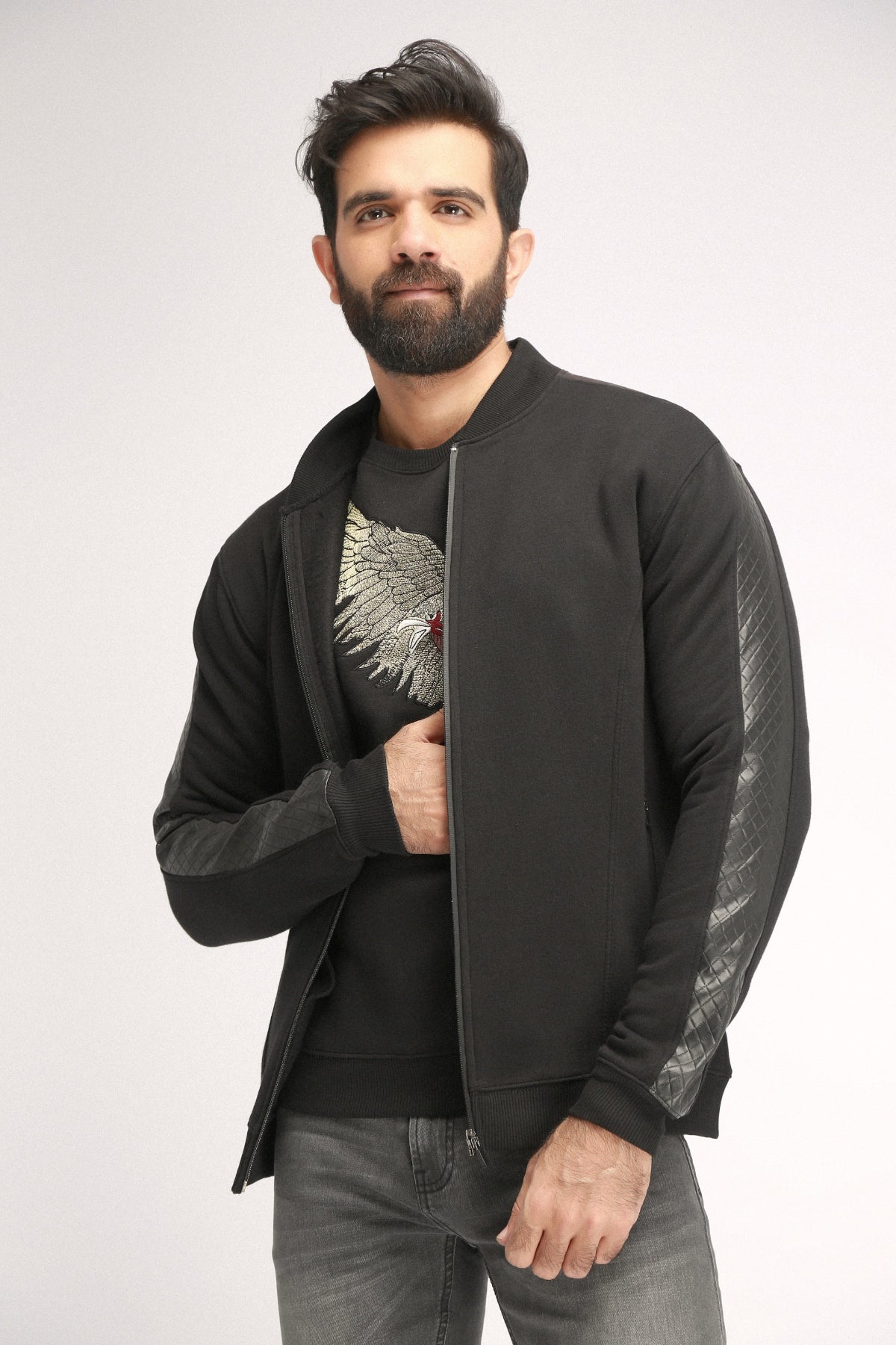 ZIPPER FLEECE WITH NECK & ARM KNITT RIBBED - Brackets